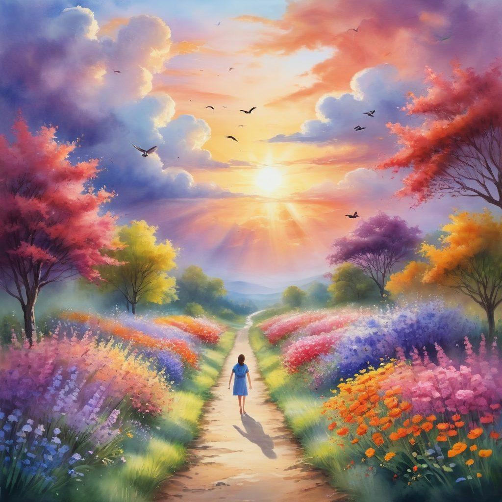 A serene landscape featuring a sunrise breaking through the clouds, illuminating a path lined with colorful flowers. A person stands at the beginning of the path, arms outstretched, embracing the moment with a joyful smile. Soft, warm light bathes the scene, creating an atmosphere of hope and contentment. Birds can be seen soaring in the distance, symbolizing freedom and positivity. watercolor painting. vibrant colors. dreamy ambience.