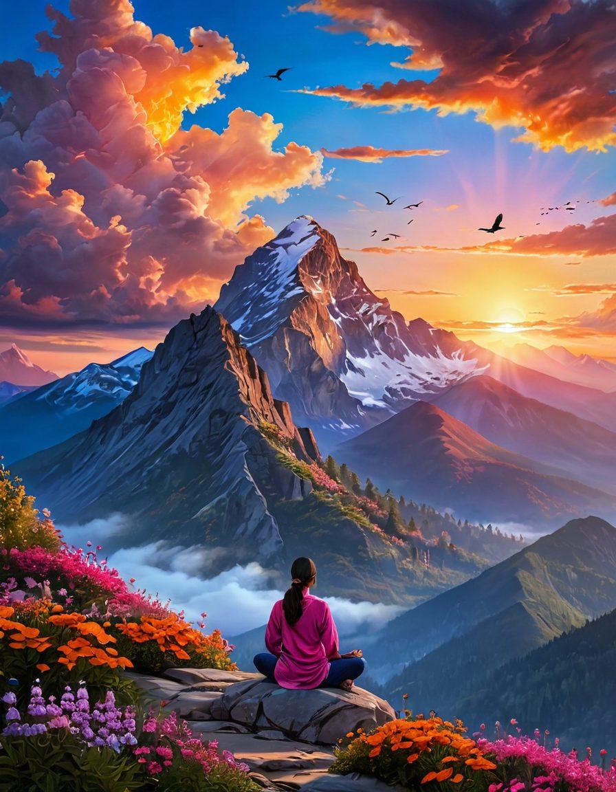 A serene landscape featuring a sunrise over a mountain range, symbolizing new beginnings and uplifting perspectives. Incorporate a lone figure in meditation on a peak, surrounded by colorful flowers, representing joy and mindfulness. The sky should be a vibrant blend of oranges, pinks, and blues, reflecting optimism and tranquility. Add wispy clouds and birds flying high, symbolizing freedom and hope. super-realistic. vibrant colors.