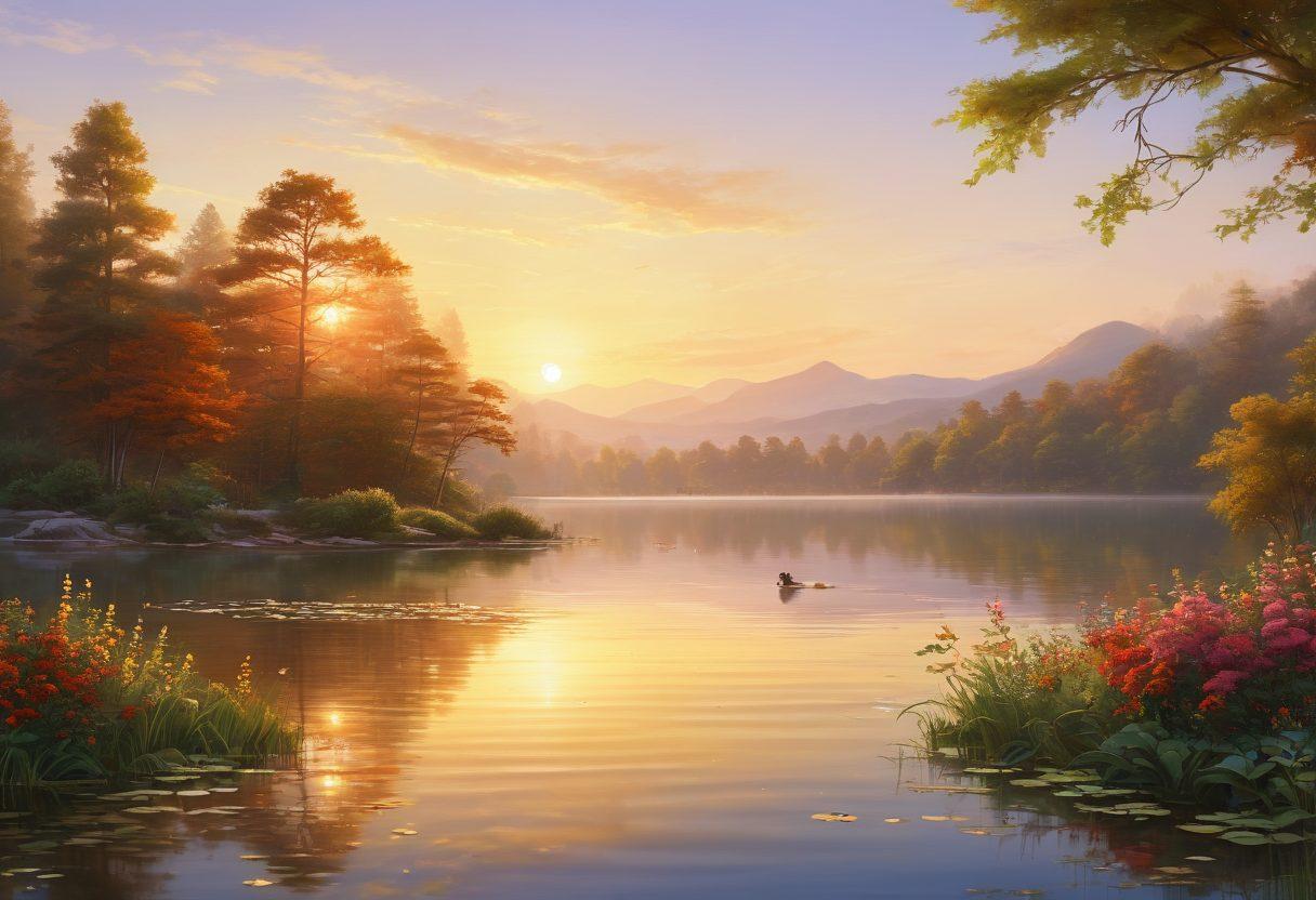 A serene landscape featuring a sunrise casting golden light over a tranquil lake, symbolizing new beginnings. Include diverse people joyfully engaging in activities like yoga, painting, or laughing together, showcasing positivity. Natural vibrant colors of greenery and flowers to enhance the sense of joy. super-realistic. vibrant colors. tranquil atmosphere.